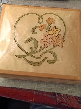 Hand-Painted Floral Heart Jewelry Box - Cream and Green
